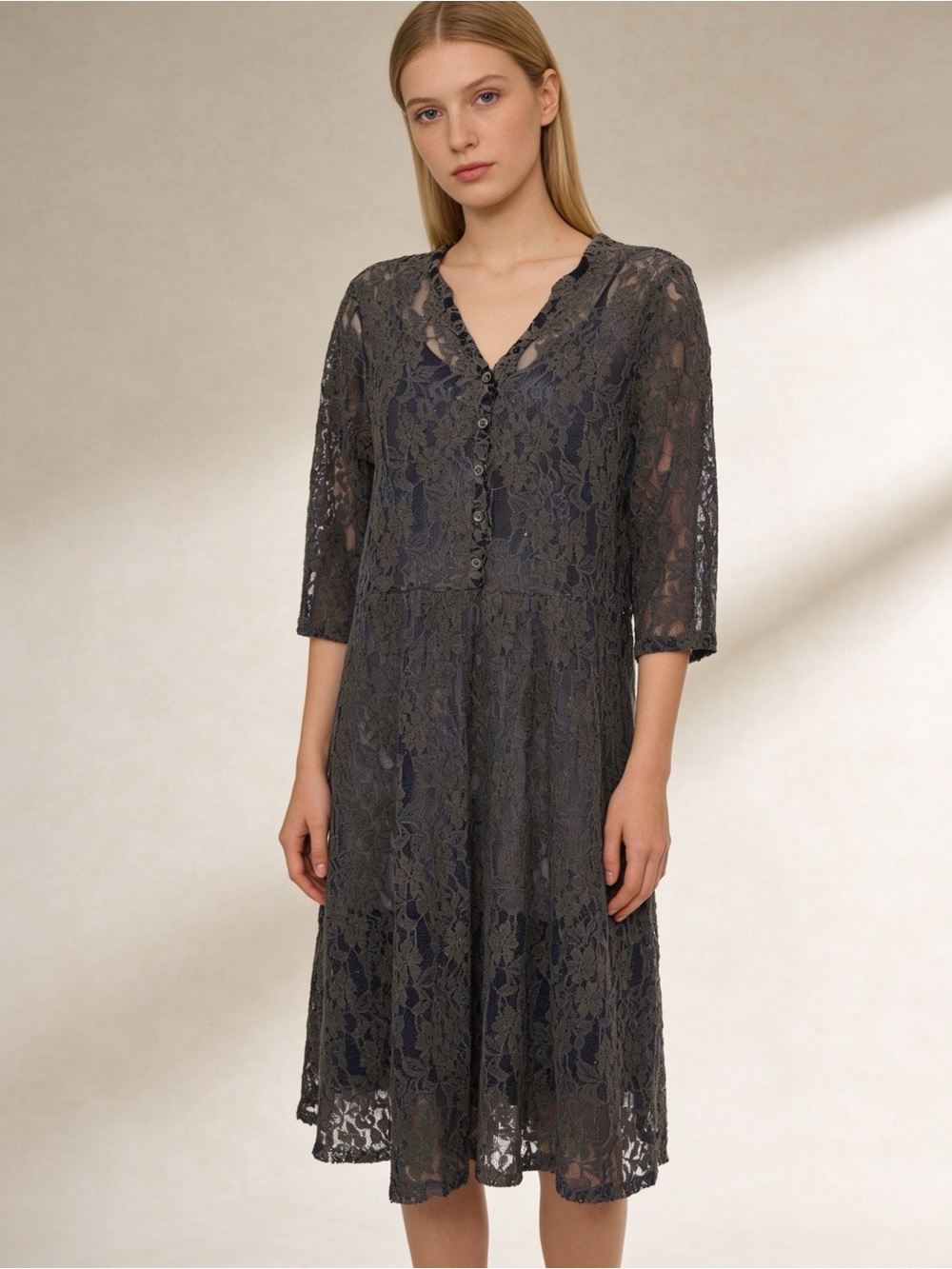 Romy Gray Floral Lace Midi Dress 3/4 Sleeve V-Neck Button Front Size M